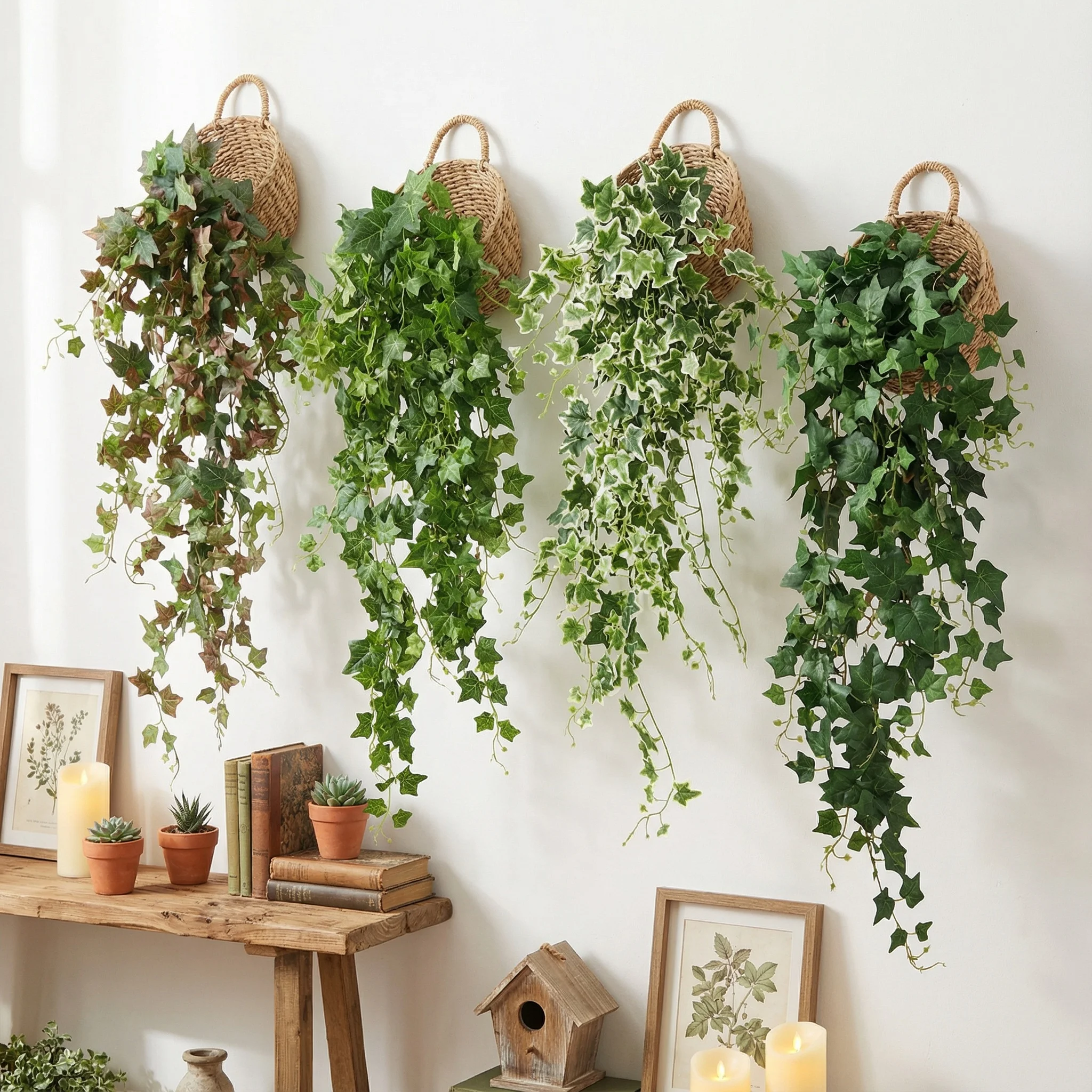 Vina de hiedra artificial con hojas de uva en ricos tonos de otoño follaje falso de otoño para decoración de pared y techo Boho Home Greenery