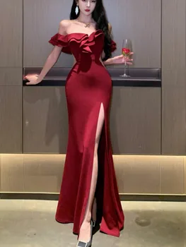 Image Sexy Bodycon Long Dresses for Women Wedding Evening Party Prom Robe Ruffles Slash Neck High Split Hollow Out Summer New Vestido