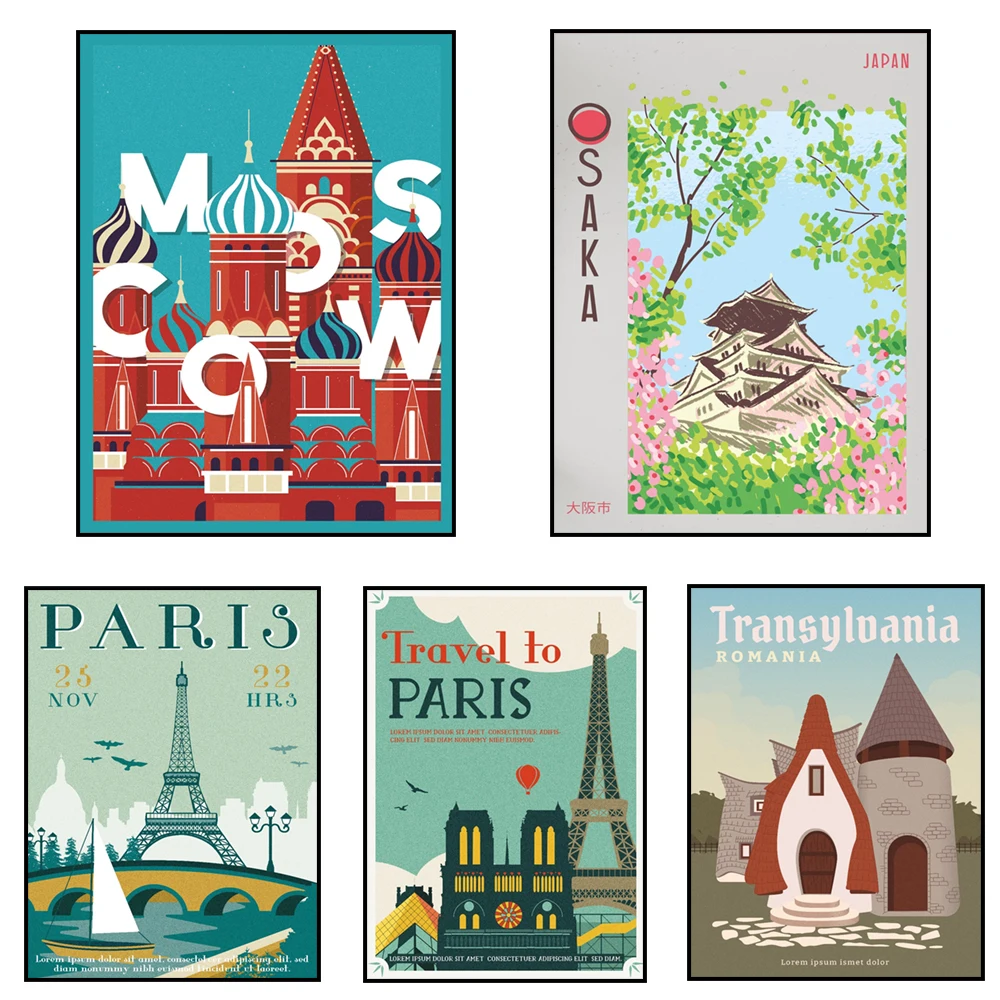 Vintage travel print, Japan, Paris, Romania, Moscow, Tokyo, Amsterdam, Osaka, London aesthetic travel poster canvas print