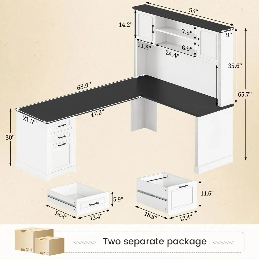Farmhouse L Shaped Desk with Hutch and 3 Drawers, 68.9
