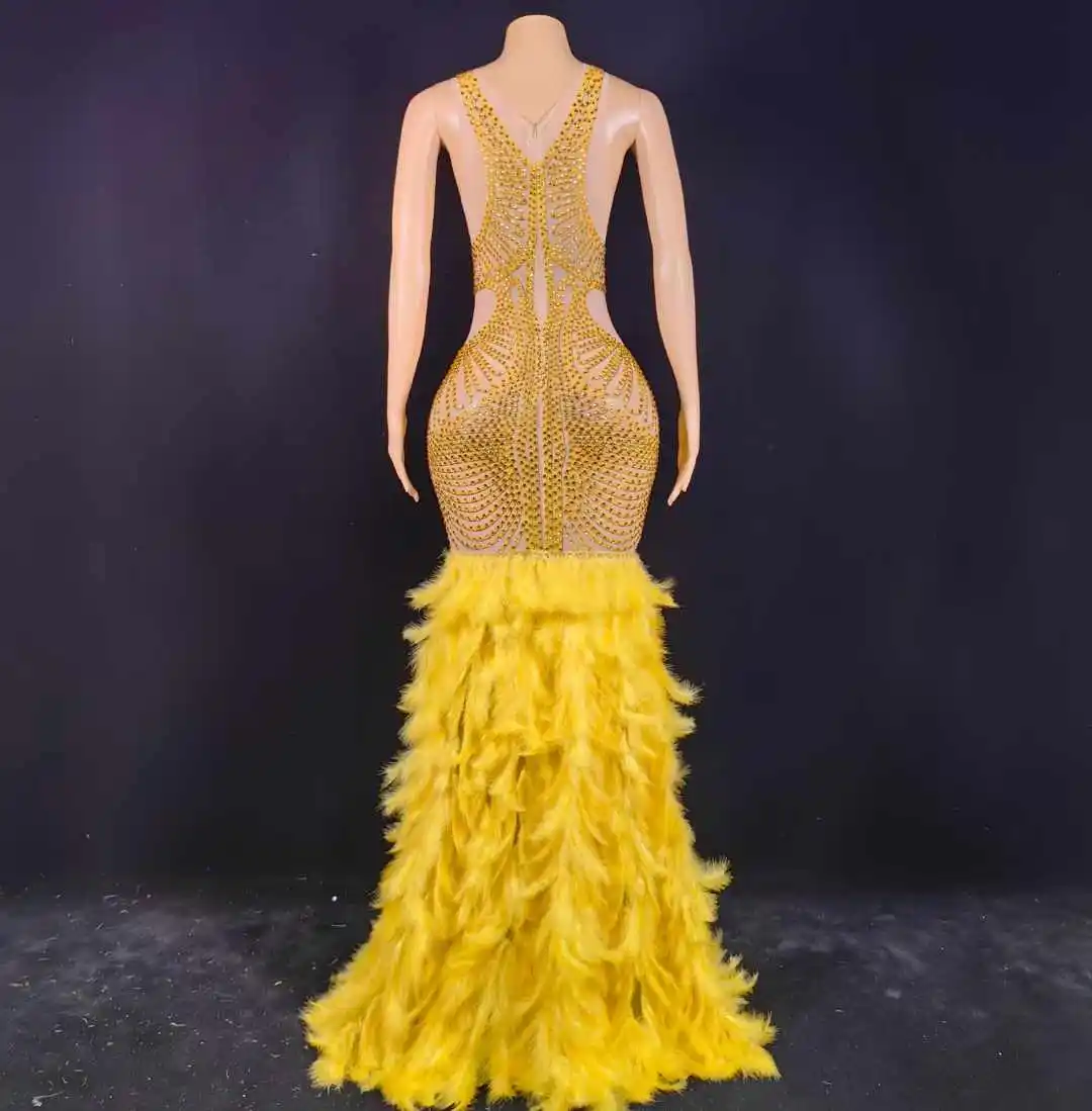 Sleeveless Gold Rhinestone Feather Luxury Queen Dress For Women Birthday Party Prom Photo Shoot Props Stage Wear Singer Night