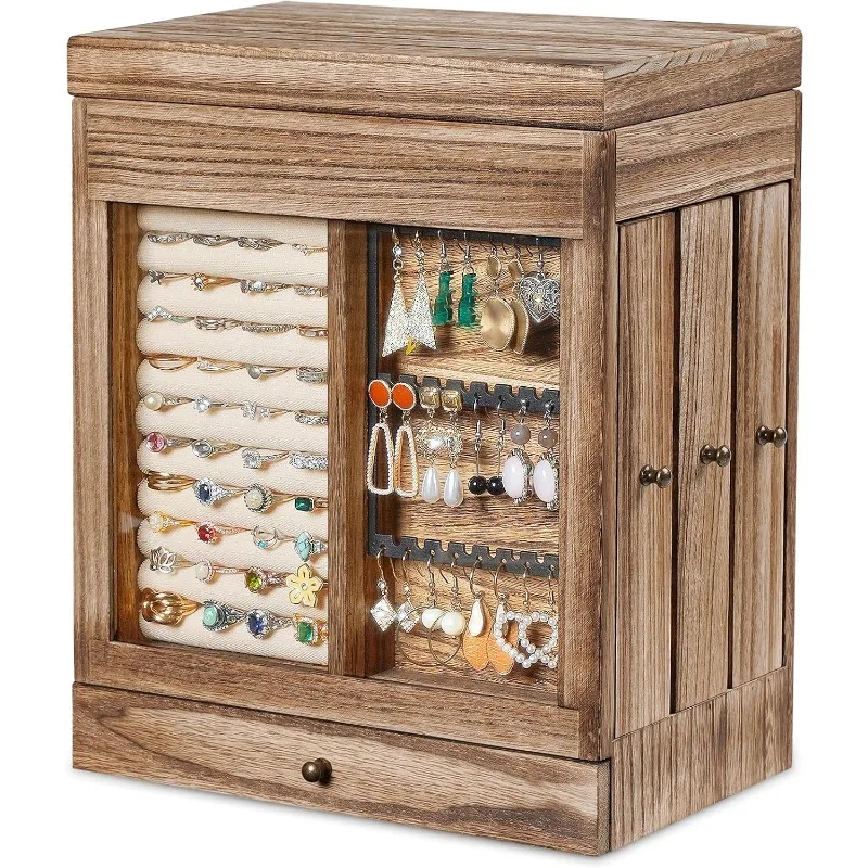 

Jewelry Box for Women, 5 Layer Rustic Wooden Jewelry Organizer with Glass Window, 4 Drawers, Mirror