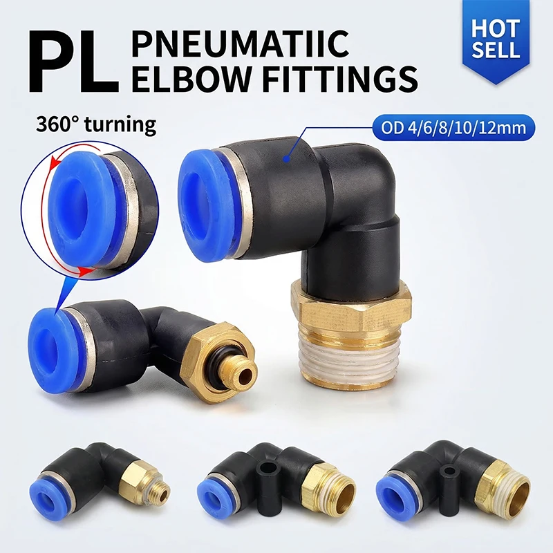 50pcs PL Elbow Pneumatic Fitting 1/4 3/8 1/2 1/8 BSP Male Thread Air Quick Connector L Shape Push In Hose OD 6mm 8mm 10mm 12mm