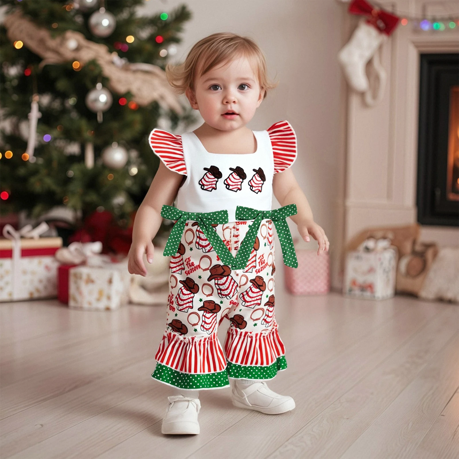 طفلة عيد الميلاد رومبير عارضة نقطة / الطباعة الغربية لطيف القوس يطير الأكمام بذلة للملابس لطيف الوليد #6