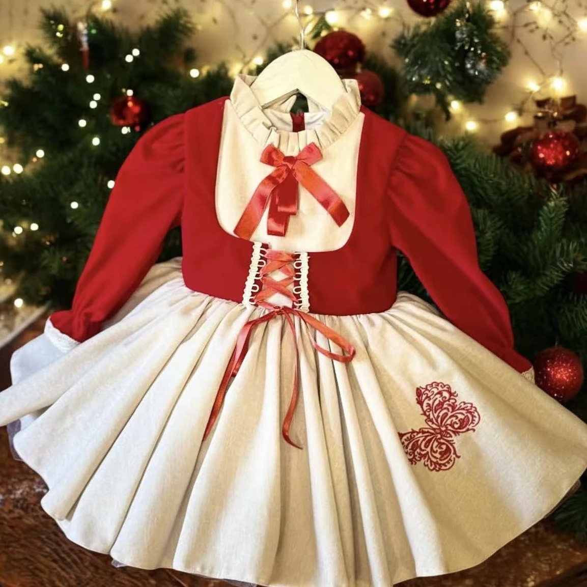 0-12Y Baby Girl Autumn Red Velvet  Butterfly Embroidery Vintage Princess Dress for Birthday Holiday Eid Christmas C170
