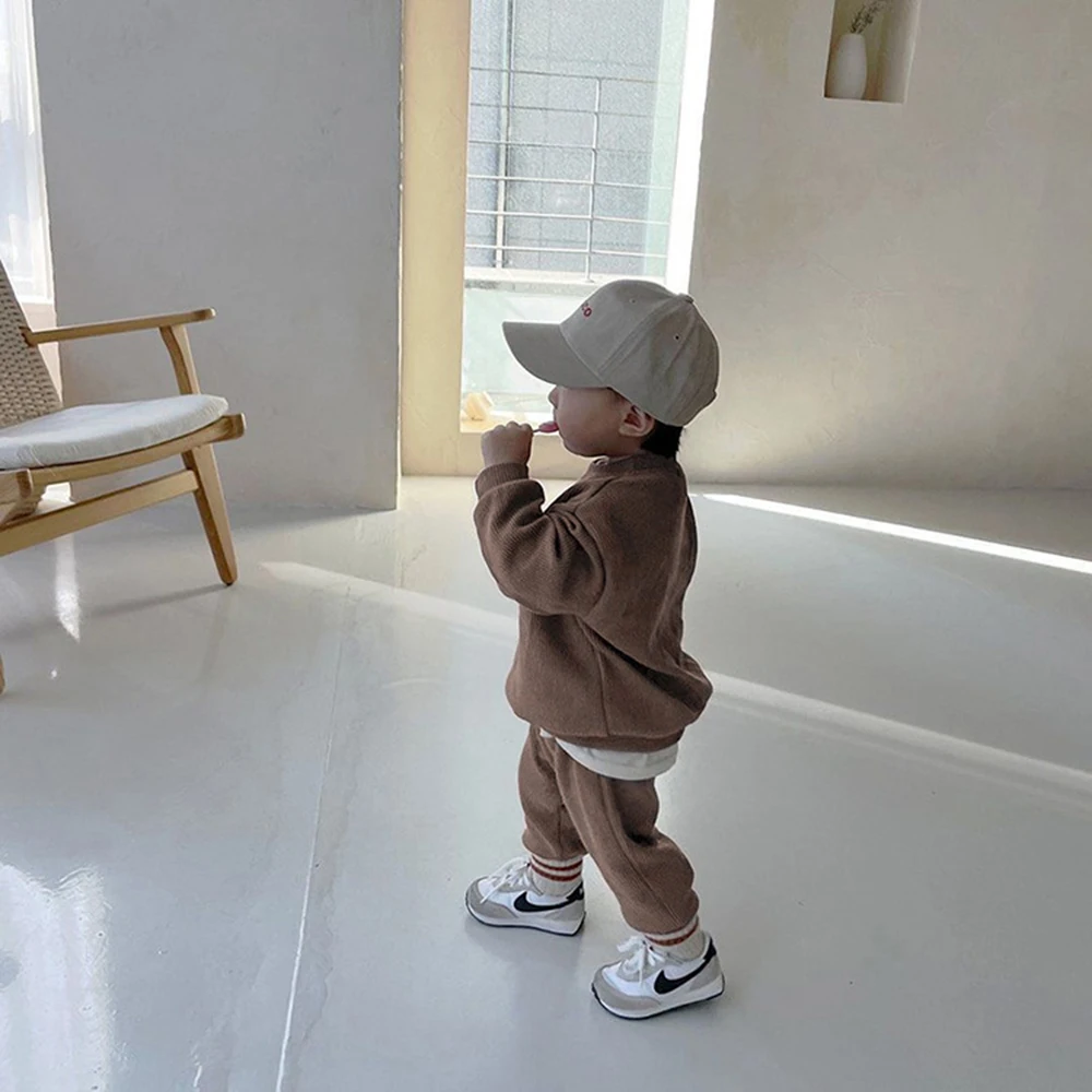 WOOFOO 2026 Korea New Baby Boy Tracksuit Solid Color Sweatshirt + Pants 2pcs Sport Suit Toddler Kids Outfits Girls Clothes Set