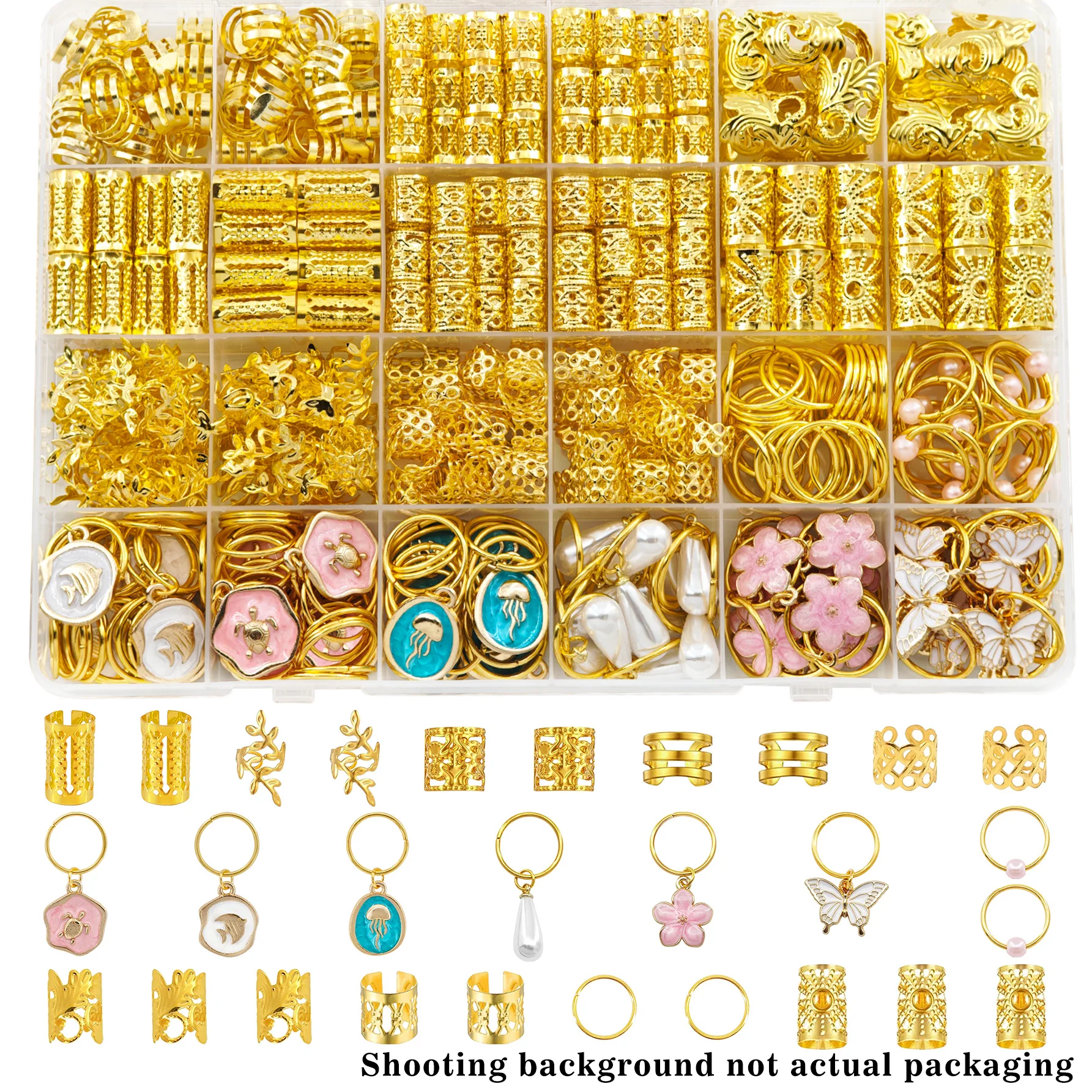 218pcs Colorful Shaped-Ocean Animals Hair Rings with Pearl,Butterfly, Cuffs – Vibrant Seaside Hair Jewelry & Braids(Without box）