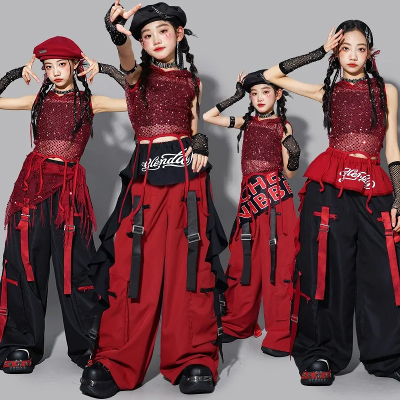 Kids Girls Red Jazz Dance Net Top with Long Sleeves Navel Performance Costume Set with Cargo Pants for Fashion Street Wear