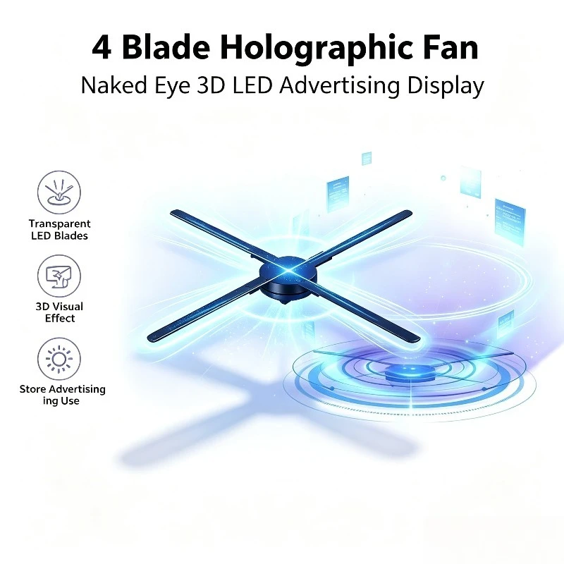 4 Blades LED 3D Hologram Fan, Naked Eye Holographic Projector Transparent LED Display Advertising Equipment