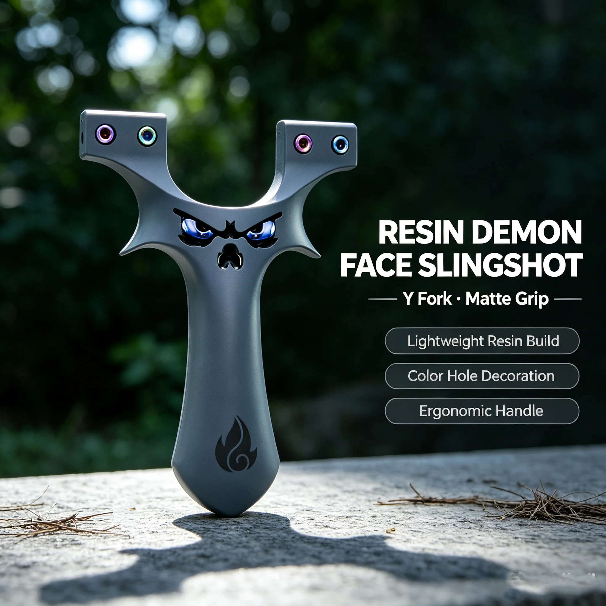 ABS Y-Shaped Slingshot with Devil Face Graphic, Top Clamp & Colorful Screws for Outdoor Target Practice