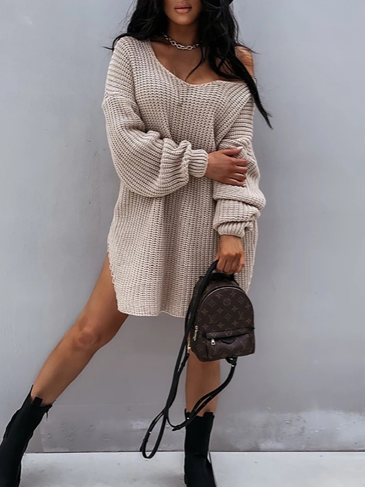 Sexy Off Shoulder Slash Neck Women Solid Sweater Casual Women Patchwork Long Sleeve Jumpers Retro Loose Straight Pullover Dress