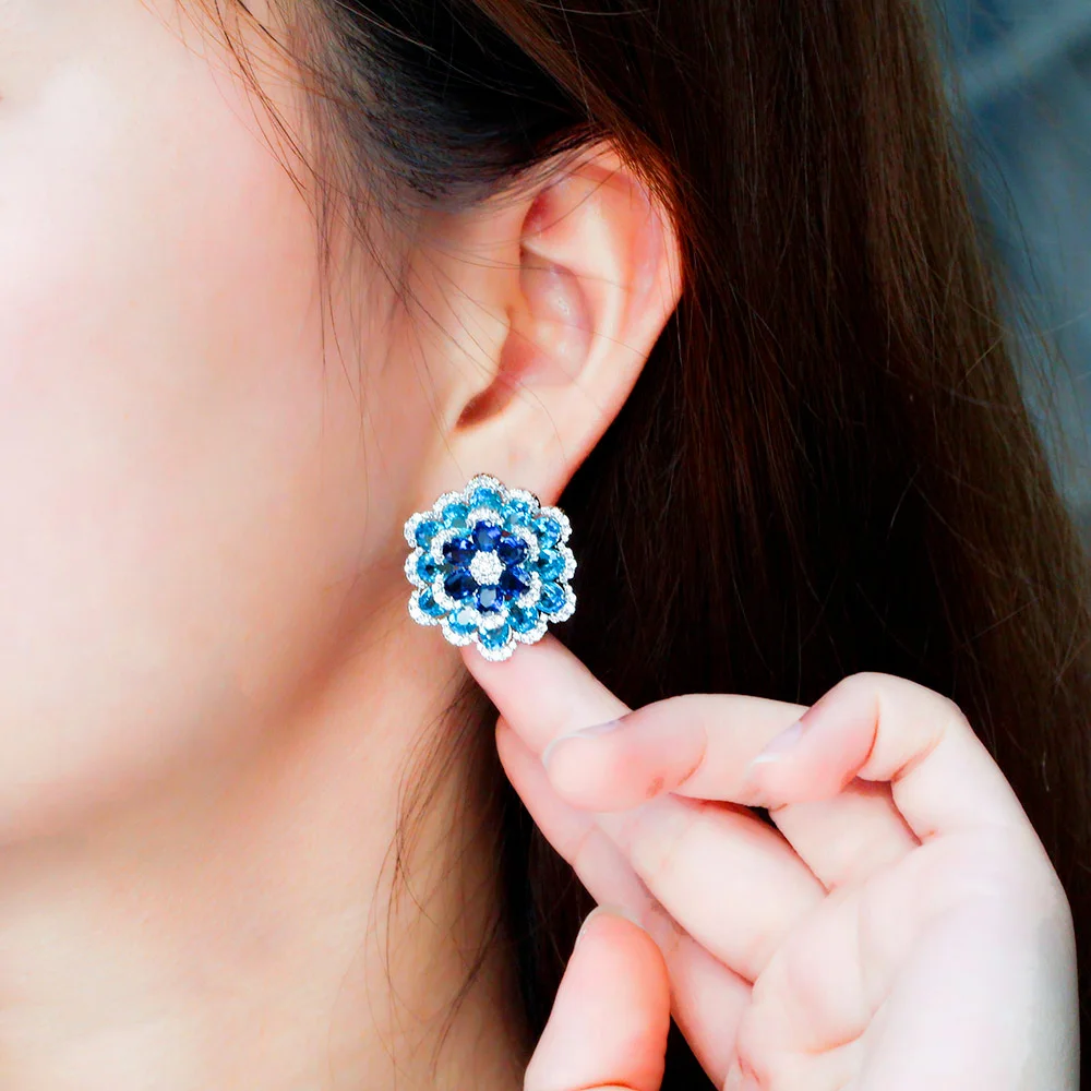 CWWZircons Art Deco Multiple Blooming Flower Blue Cubic Zircon Big Fancy Geometric Earrings for Women Fine Jewelry Gift CZ287