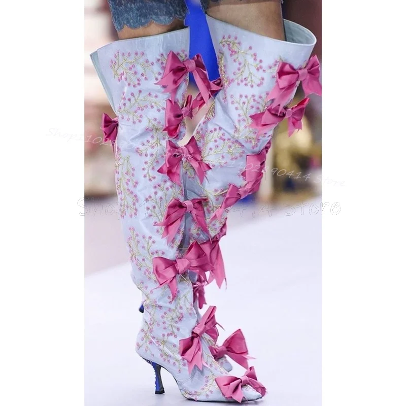 

Sky Blue Embroidery Pink Bow Knot Pointed Toe Boots Side Zipper Women Shoes Thin High Heels New Runway 2025 Zapatos Para Mujere