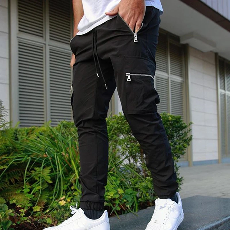 New Men\'s Sweatpants Trend Sports Leisure Zipper Multi-Pocket Trousers Micro Stretch Fashion Social Party Cargo Pants