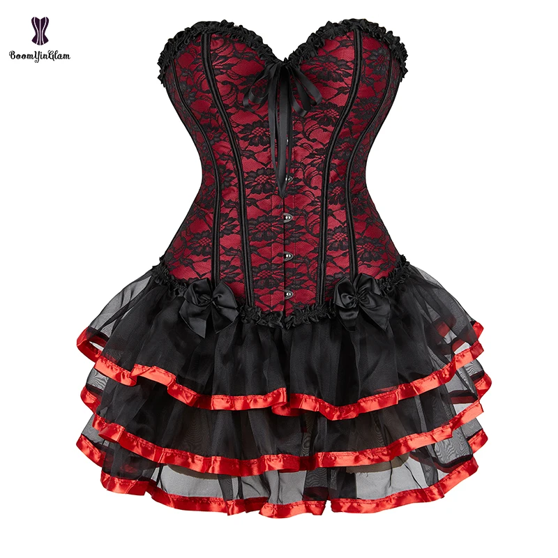 

Plus Size S-6XL Red Christmas Dress Suit Lace Up Boned Victorian Corselet Woman Slimming Corset Top With Cup-caked Skirt