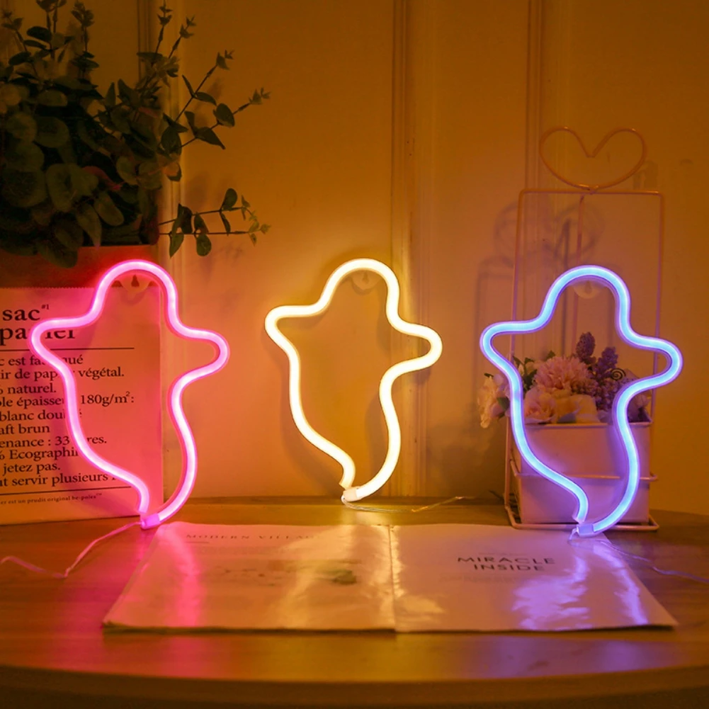 Halloween Neon Light Decoration Ghost Shaped Luminous Ornament USB Battery Dual-purpose DIY Party Holiday Decor for Home Room