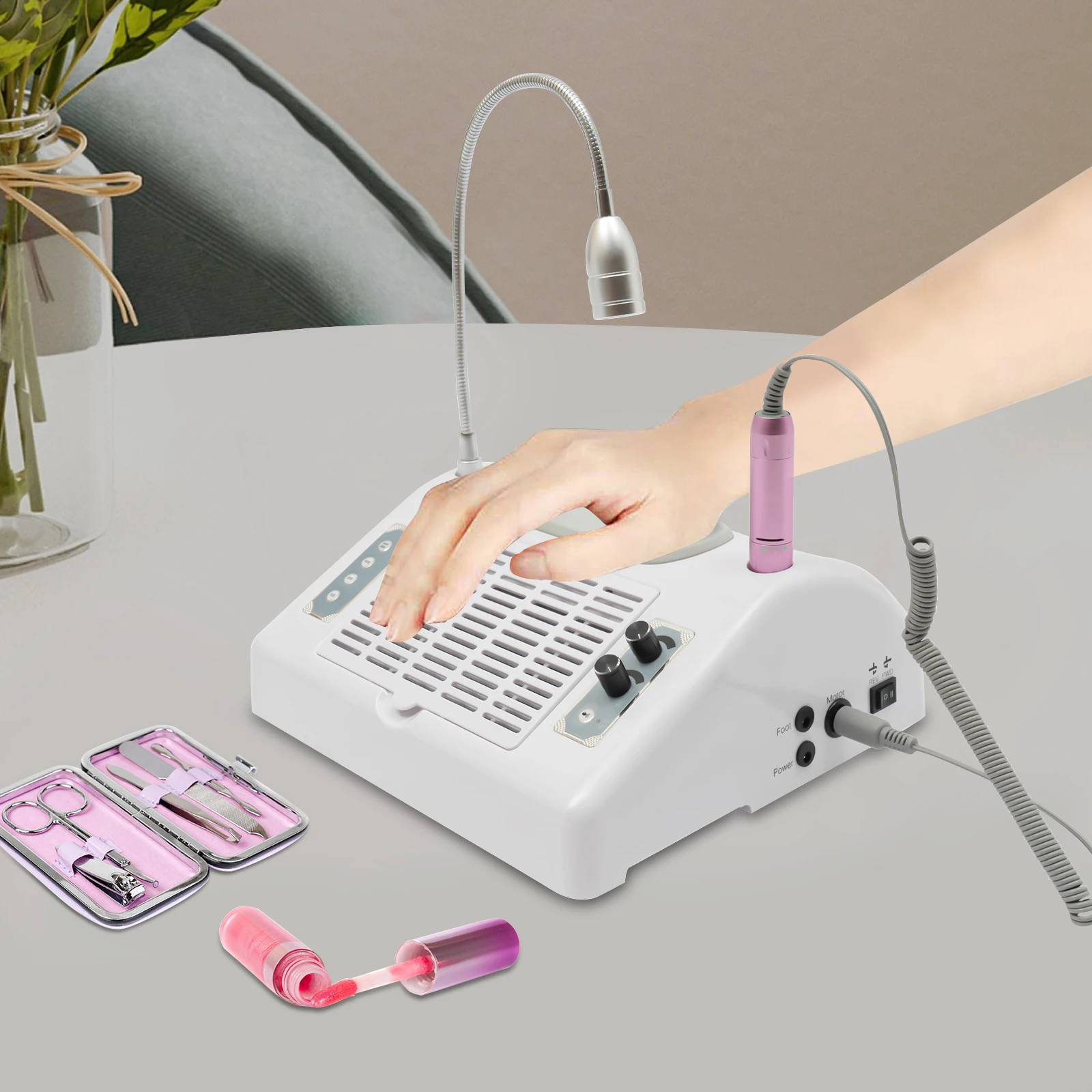 5-in-1 Professional Nail Drill Machine with Vacuum, LED Lamp, Dust Collector & Curing Light for Home Salon Manicure Pedicure