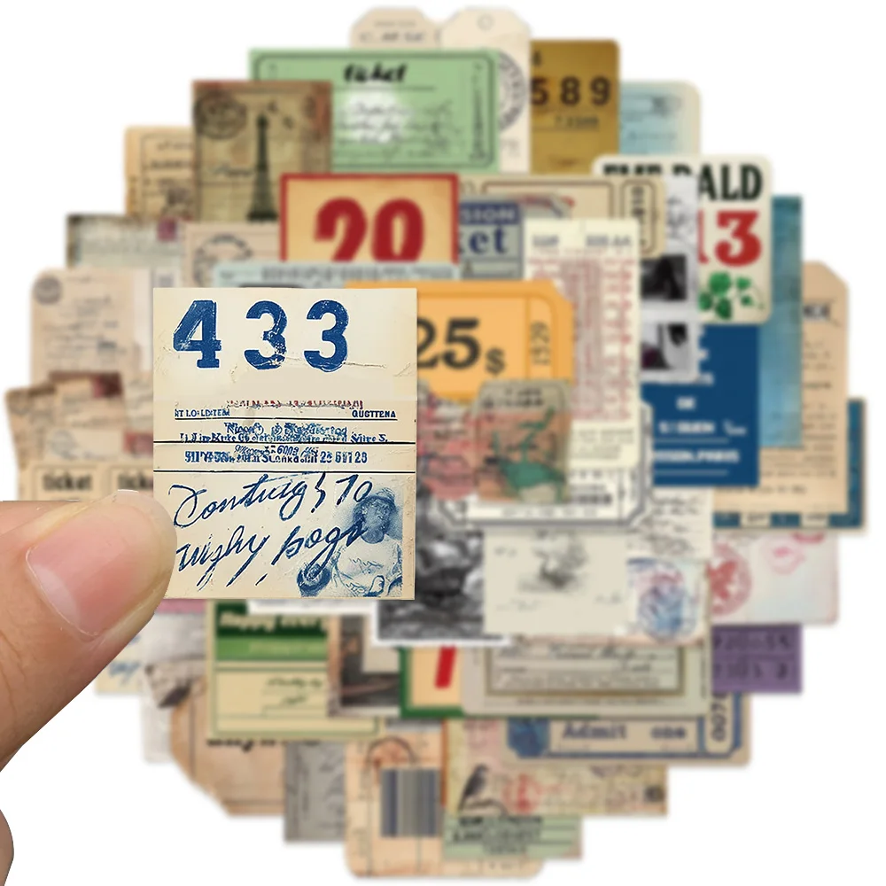 50PCS Vintage Aesthetic Ticket Notes Stickers for Scrapbook Journaling Planners Journals Retro Sticker Pack Laptop Supplies