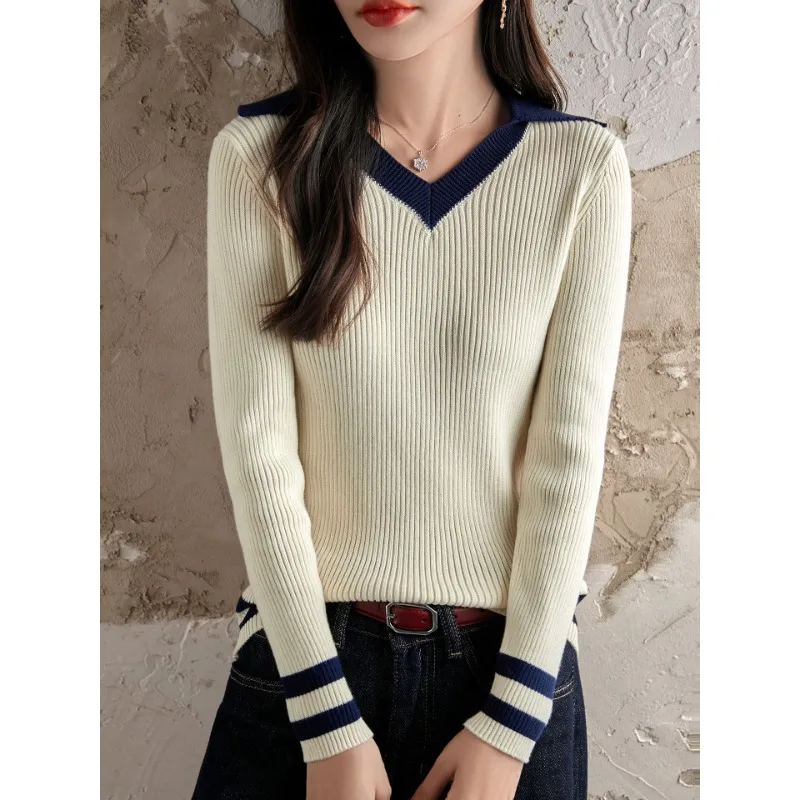 

Хлопковый свитер с воротником-поло для женщин, новинка 2025, стиль, тонкий стиль в консервативном стиле