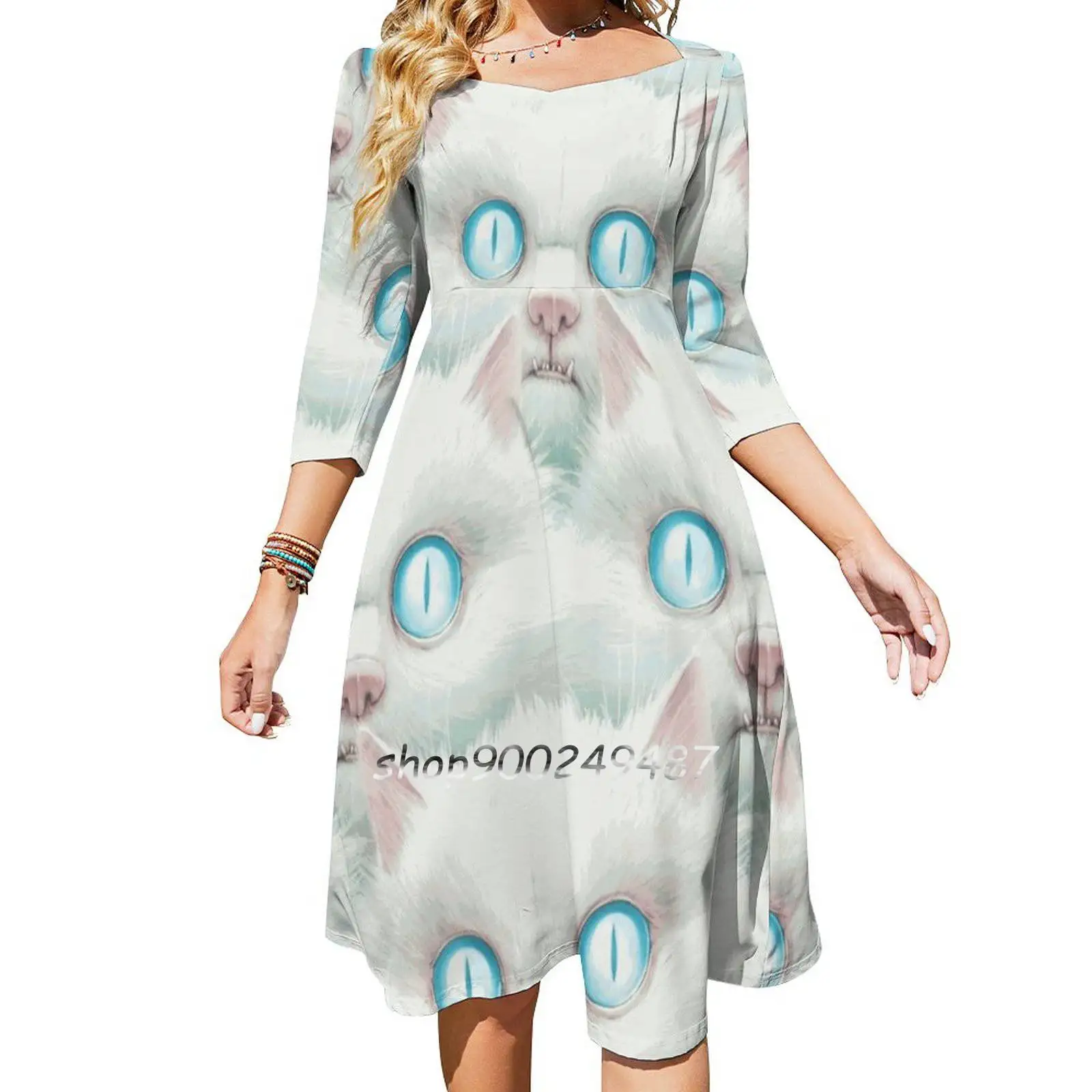 Kittehz I Square Neck Dress Cute Loose Print Dresses Elegant Beach Party Dress Cats Kittens Furry Fur White Eyes Creature Funny