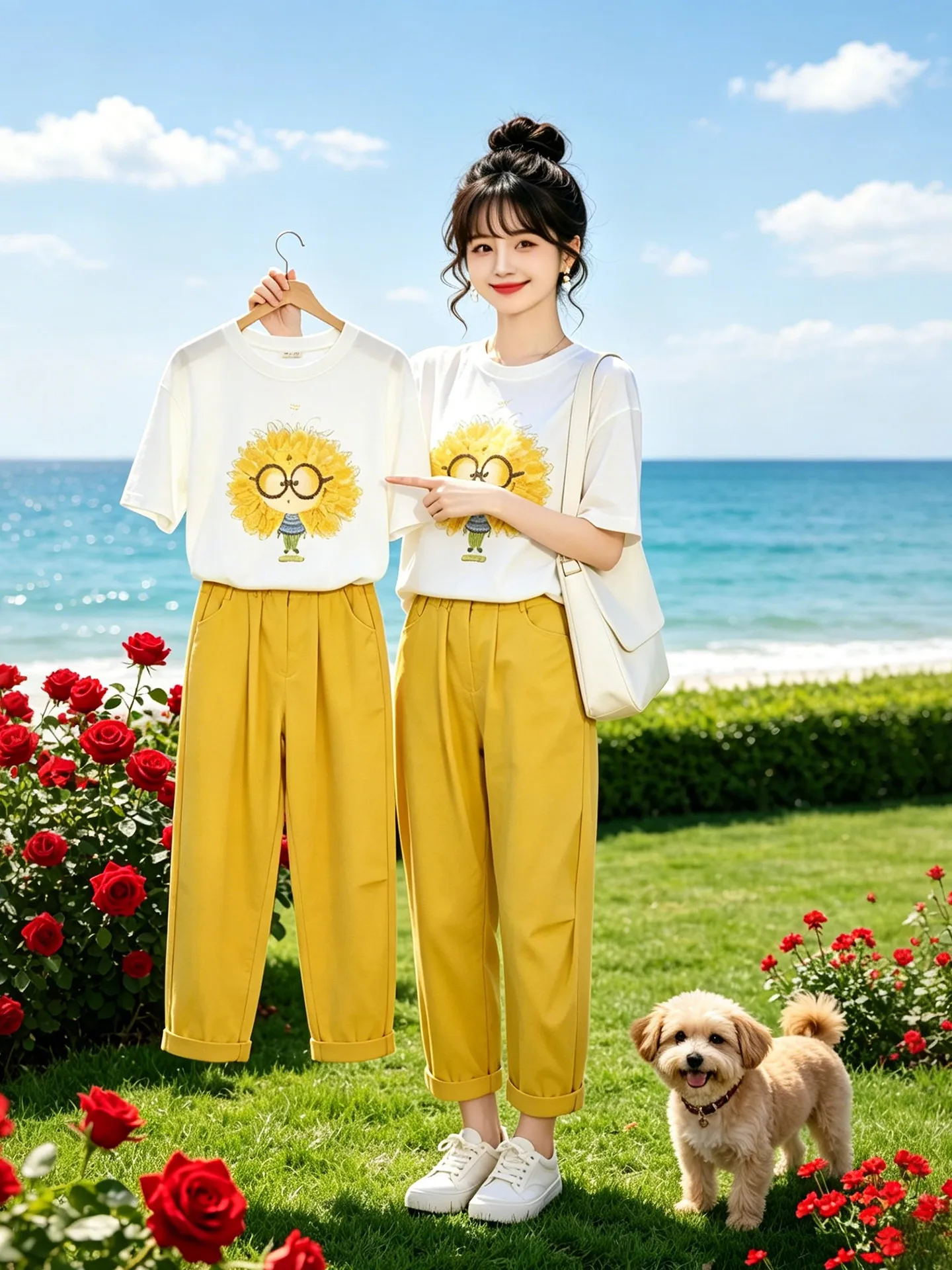

Summer Fashion Set 2026 New Yellow Printed T-shirt High Waist Drapey Casual Pants Two-Piece Women's Clothing Ensemble