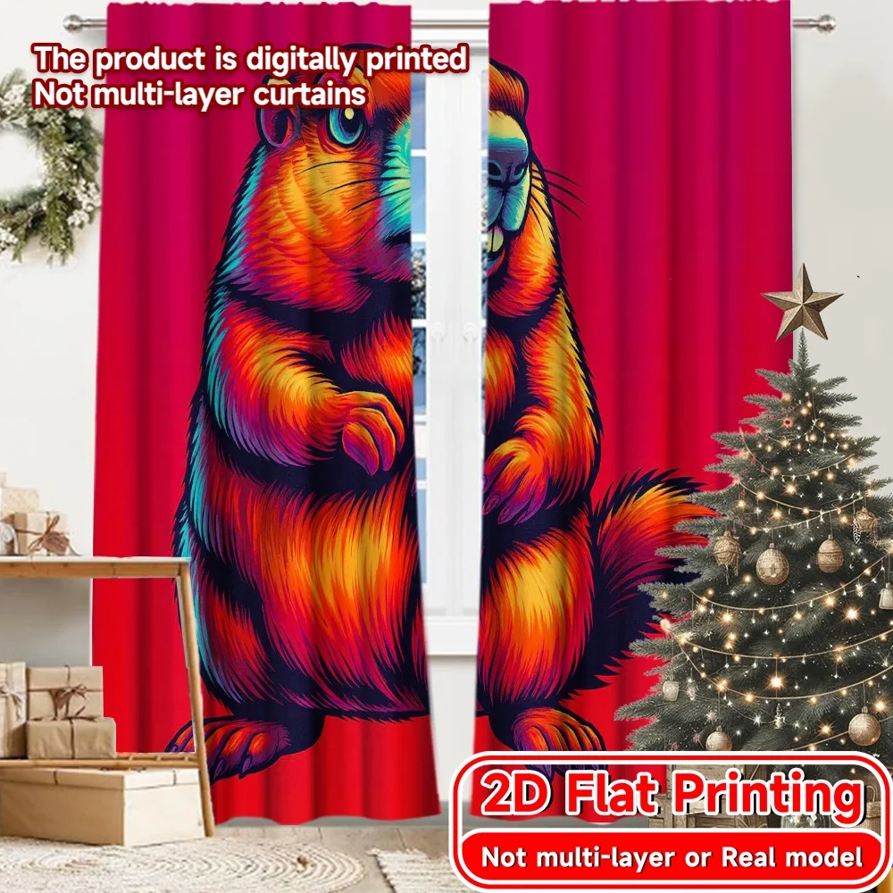 2D Flat Printing,2pcs Colorful Marmot Popular Minimalist Curtains Durable 100% Polyester Fabric Curtains Home Decor Decorative