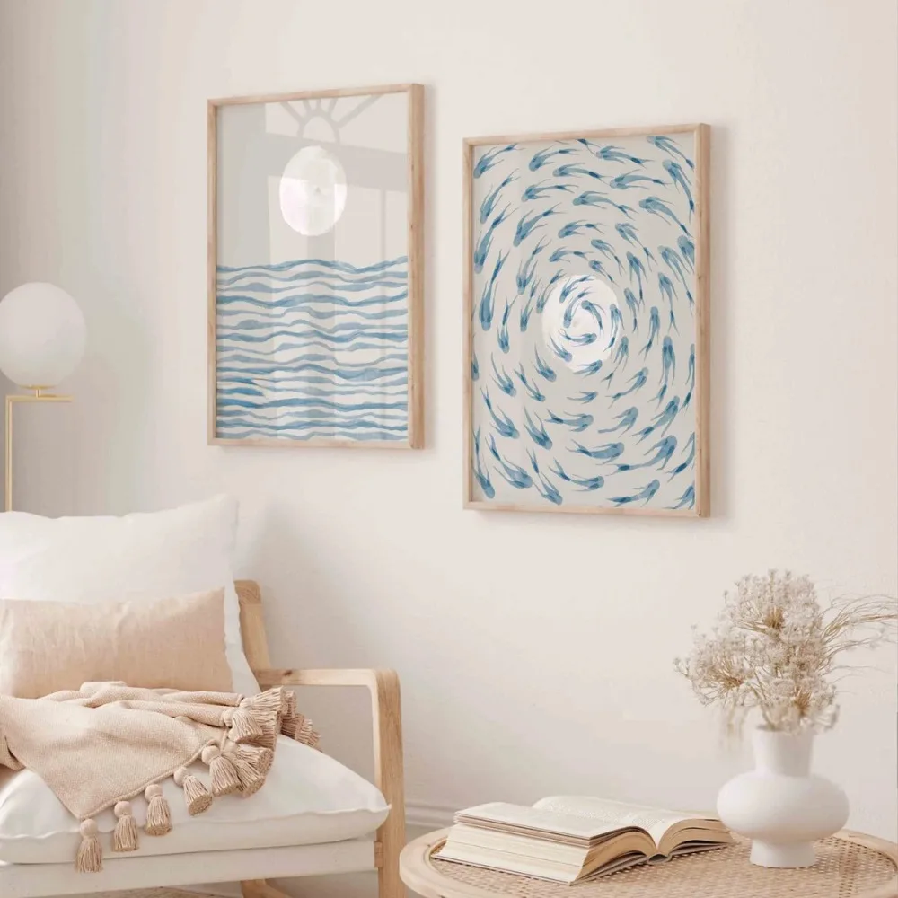2pcs Frameless,Featured Retro Posters,Canvas Paintings of Blue Ocean Sketches and Waves,Bohemian Modern Art Depicting Sunlight