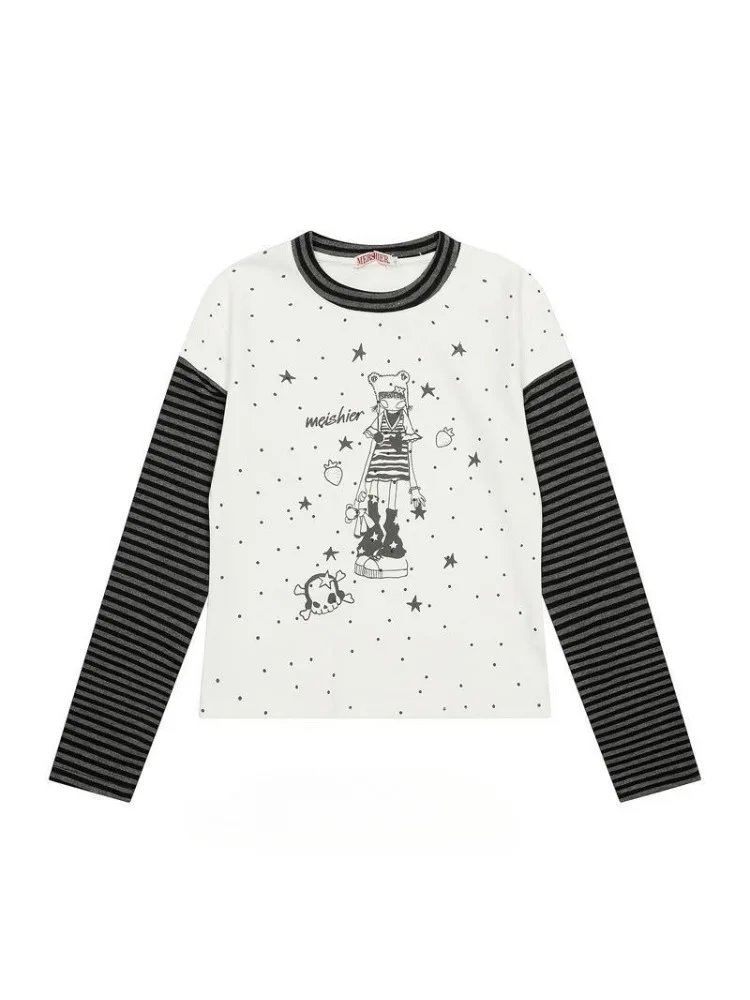 

HOUZHOU Y2k White Graphic Juminocore Striped Women Cropped T-Shirts Harajuku Long Sleeve Korean Fashion Tees Slim Casual Gyaru