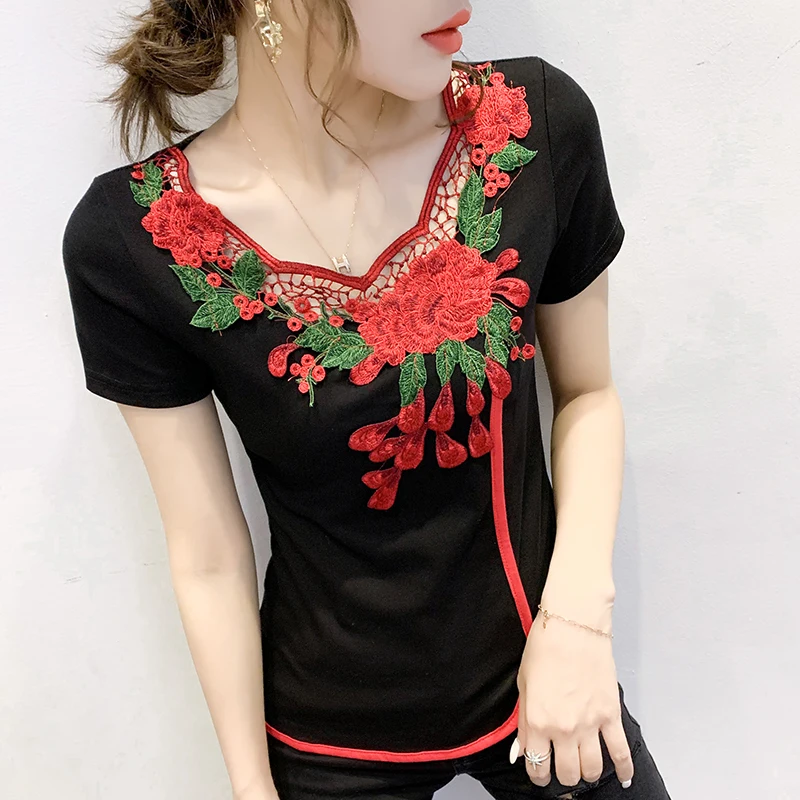 Black Summer Folk Clothes Vintage Chic Sexy Hollow Out Embroidery T-Shirt Women Tops Ethnic Bottoming Shirt Tees 2024 New 431519