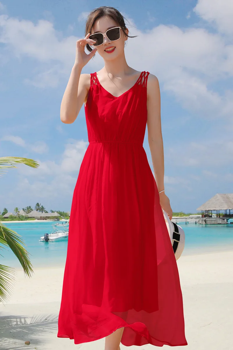 Gaun Sutra Baru 2025 Pakaian Gaun Pantai Wanita Kualitas Tinggi Musim Panas 58033