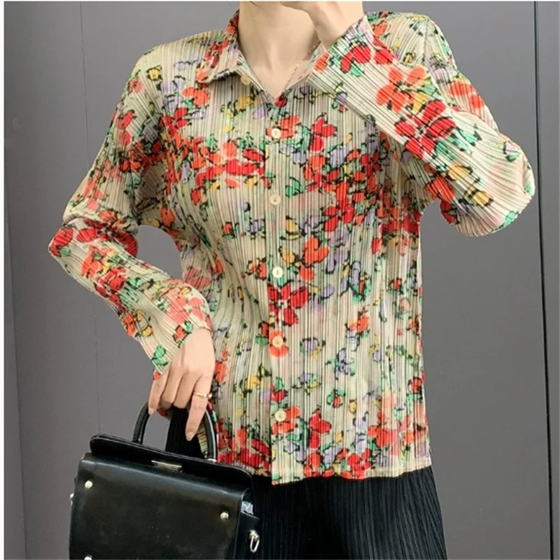 

Плиссированная женская рубашка Miyake Flora с принтом, элегантная повседневная однобортная модная эластичная блузка с длинными рукавами и лацканами, топ