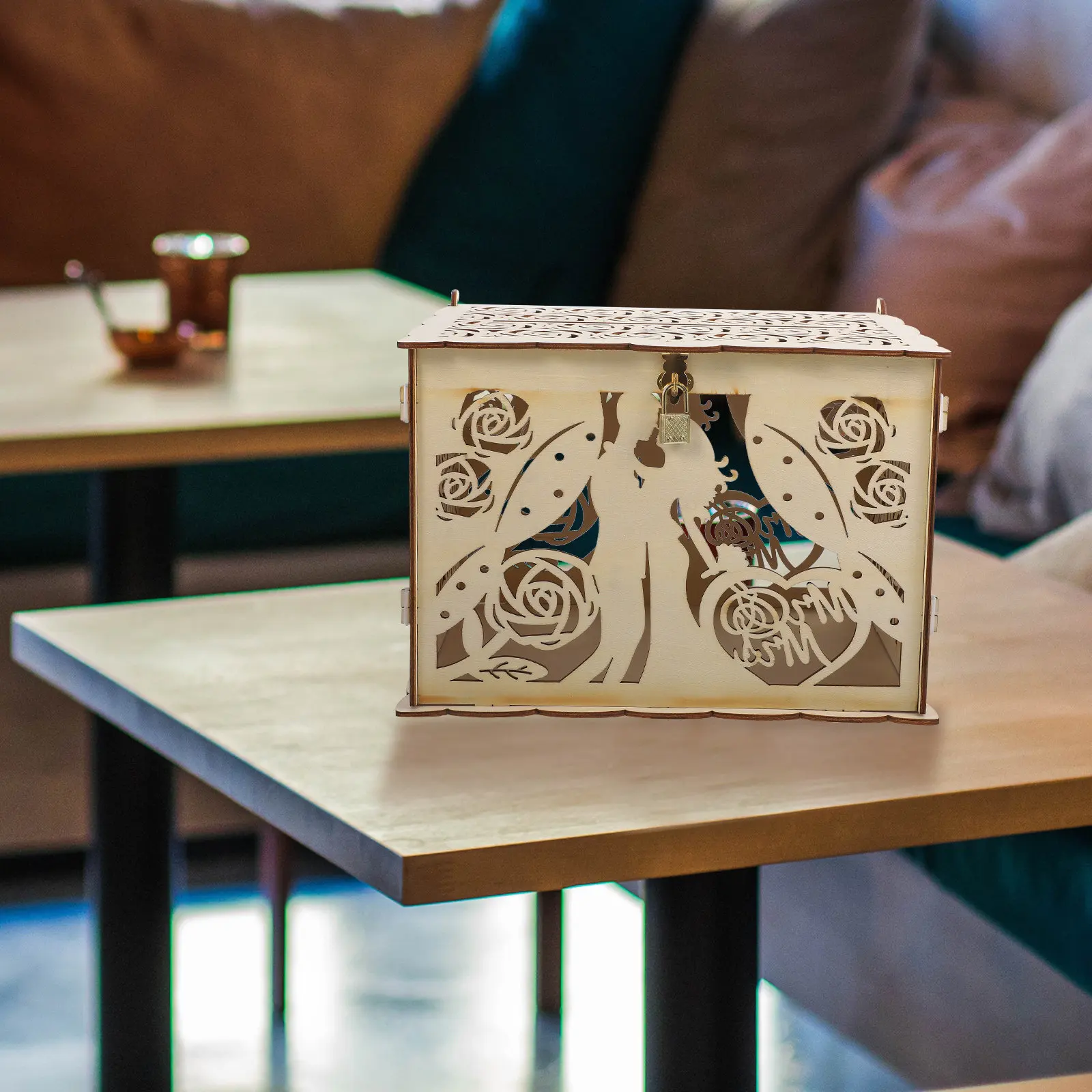 Hollowed Out Rustic Wooden Wedding Card Box for Reception Guest Sign-in Cards Envelopes Money Gifts Keepsake Box Decor view 3