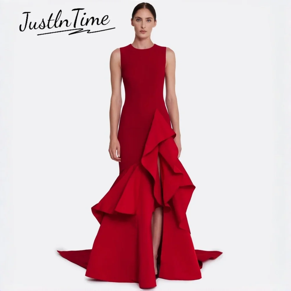 JUSTLNTIME Elegant O-Neck Sleeveless Mermaid Evening Dress Ruffles High Side Slit 2026 Formal Gown Customized Vestido De Festa