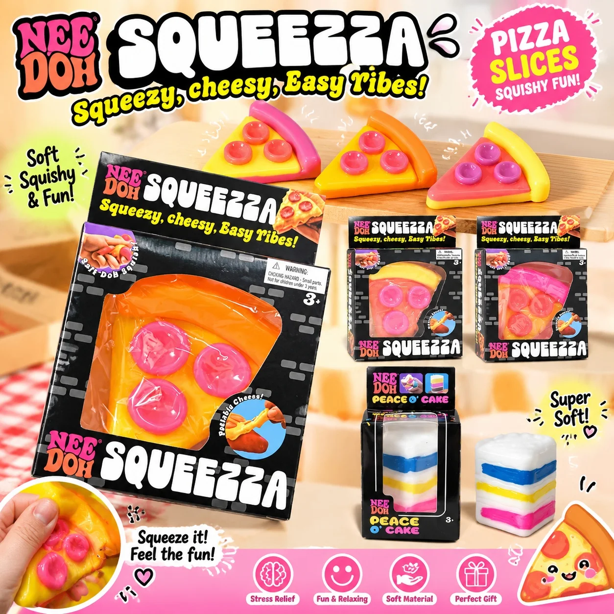 Needoh Peace Cake Pizza Slice TPR Squeeze Squishy Toys Stress Anxiety Relief For Autism ADHD Fingertip Play With Pressure Relax