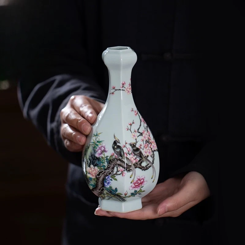 Small vase pure handmade high-end enamel color happy eyebrows hexagonal bottle Kung Fu tea ceremony accessories