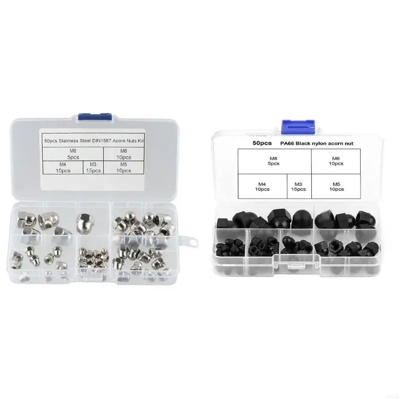 Closed End Cap Nut Assortment with Internal Threading and Tool Contact Surfaces, Arranged in a Clear Compartment Storage M4YD