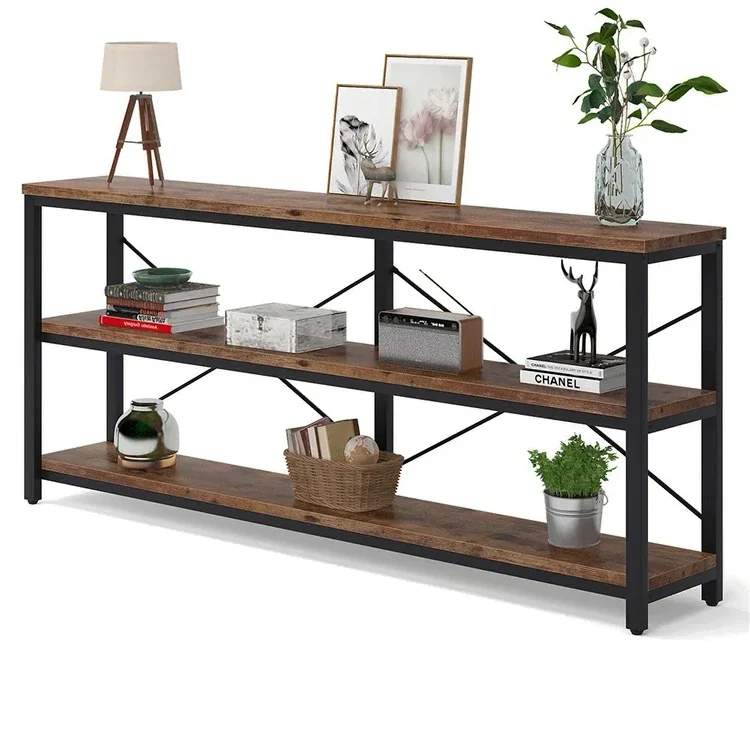 Iron art solid wood shelf, living room floor to ceiling bookshelf, TV cabinet, foyer table