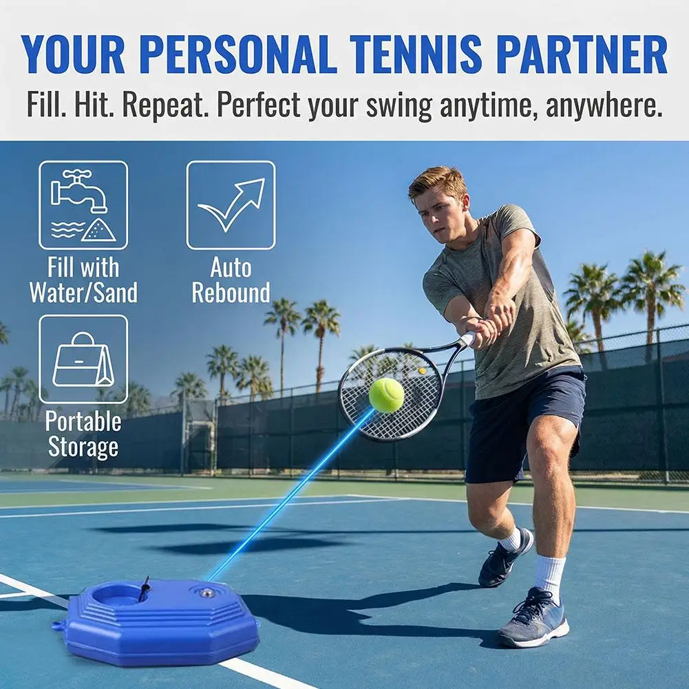 

Тренажер для тенниса: база с эластичной веревкой для самостоятельных тренировок, отработки ударов и отскока мяча