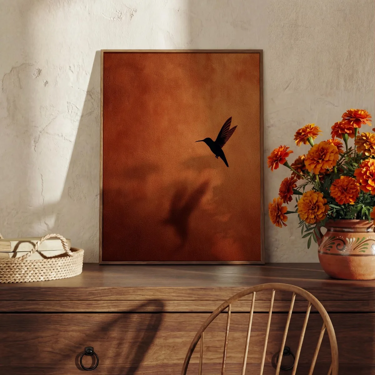 Vintage Hummingbird Shadow Canvas Prints Poster Retro Minimal Terracotta Birds Art Prints Bedroom Wall Art Home Decor Poster