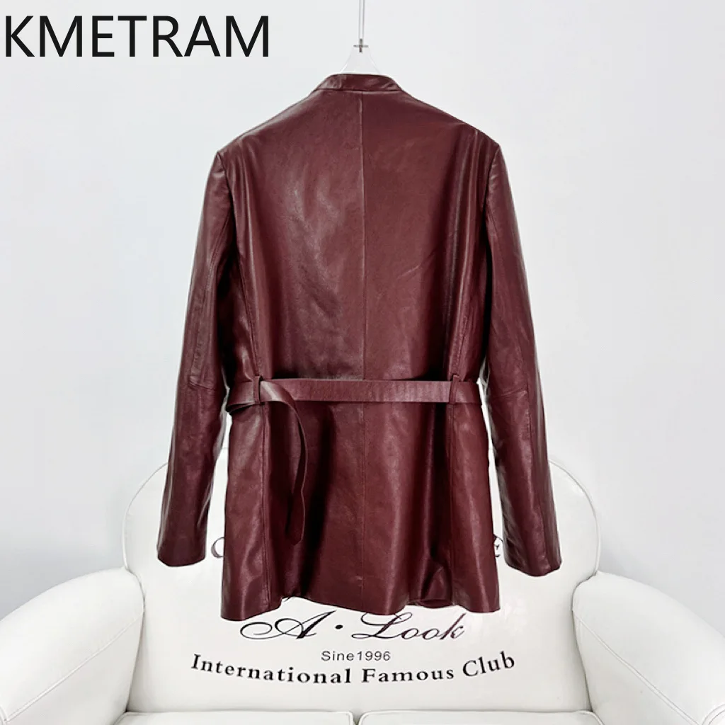 100% Sheepskin Genuine Leather Jacket Women V Neck Burgundy Leather Jackets with Belt Fashion Autumn Winter Clothes 2024 신상아우터