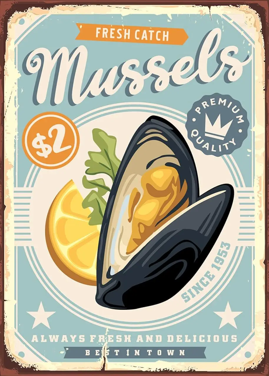 Retro Seafood Metal Tin Sign Mussels Home Wall Decoration Metal Sign for Home Bathroom Restaurants Kitchen Garden Cave Garage Of