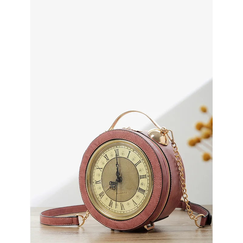 Round Vintage Clock Face Design PU Leather Crossbody Bag with Gold Chain Strap Women's Fashion Statement Bag