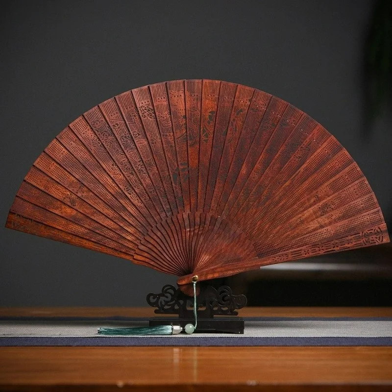 

Chinese Style Small Leaf Red Sandalwood Fan Sandalwood Fan Hollow Craft All Wood Folding Fan Gift for Friend Home Decor