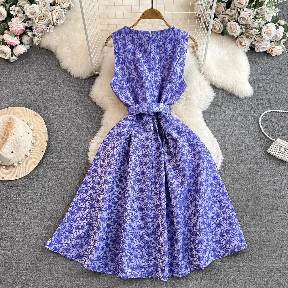 High Quality Elegant Women's Summer O Neck Belt Sleeveless Vintage Print Office A Line Big Swing Casual Party Dresses