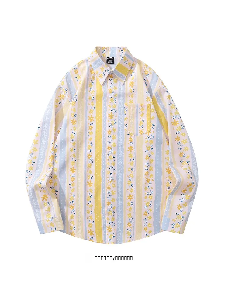 

Loose Fit Long Sve irt from Yellow Flower Print Color Blo Thin irt Youth Trend Autumn Wear M Fem Universal