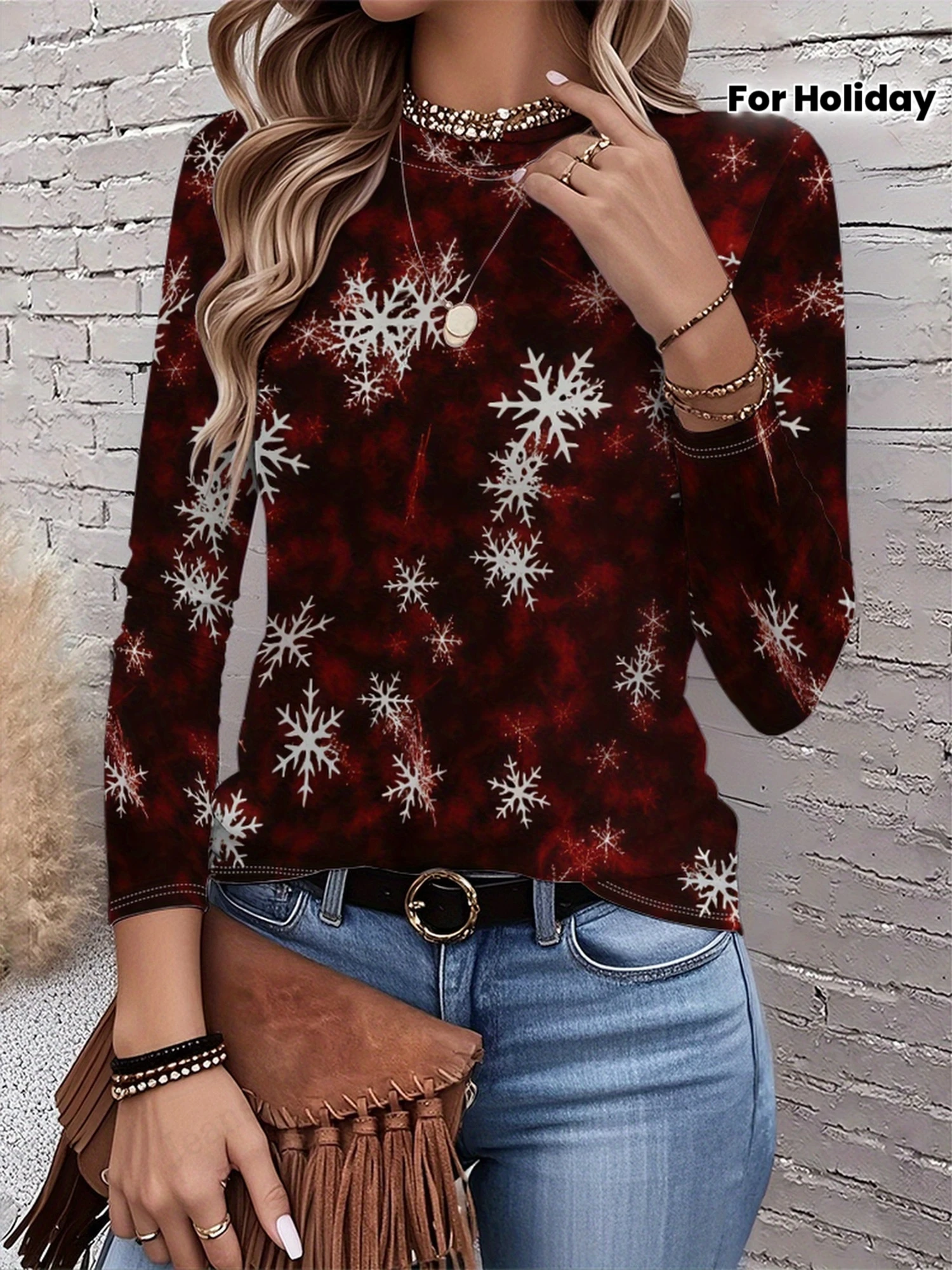 المرأة ندفة الثلج عادية كم طويل تي شيرت شجرة عيد الميلاد ثلاثية الأبعاد قميص مطبوع المرأة موضة عادية المتضخم تي شيرت النساء الملابس