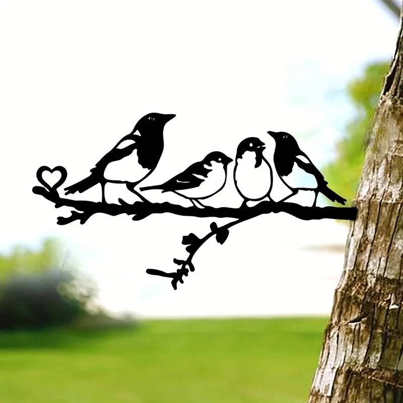 Four Birds On Branch Steel Silhouette Metal Wall Art Home Garden Yard Patio Outdoor Statue Stake Decoration 1pc