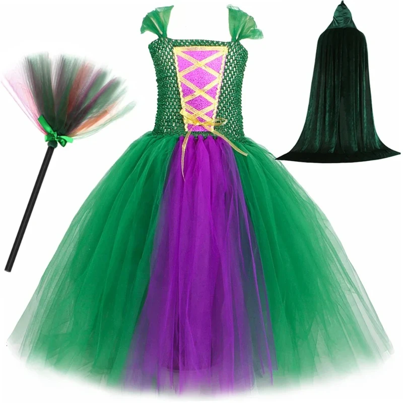 Girls Hocus Pocus Sanderson Sisters Tutu Dresses & Capes for Kids Halloween Witch Cosplay Costumes Children Fancy Gown Dress
