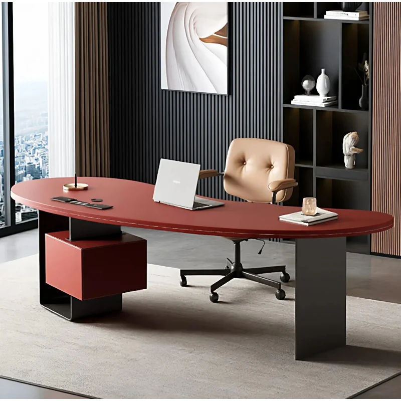 custom.Leather Luxury Modern Computer Desk with Bookshelf & Storage Drawers High-end Feeling Office Furniture