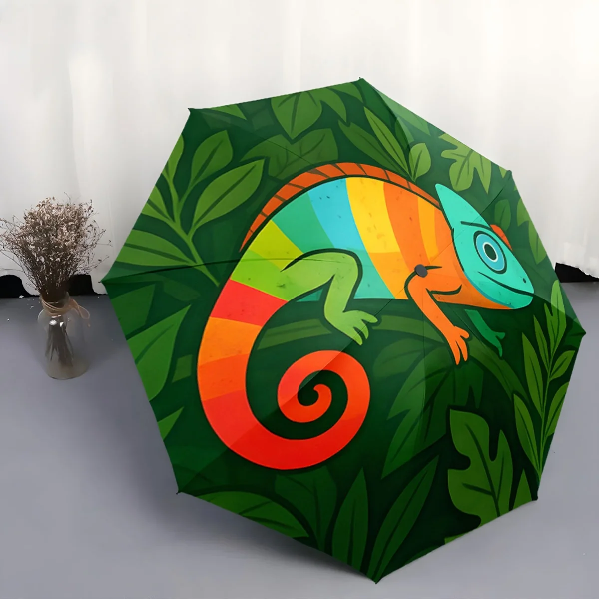 

Colorful Chameleon & Tropical Leaves Automatic Folding Umbrella - 8-Rib Durable Frame, Portable Compact Design for Travel, Bea